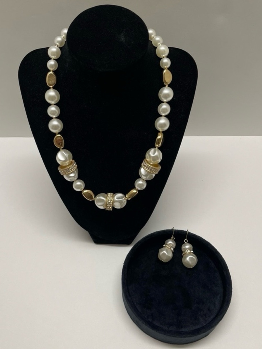 Chico's Faux Pearl Gold Tone Crystal Embellished Adjustable Necklace & Earrings